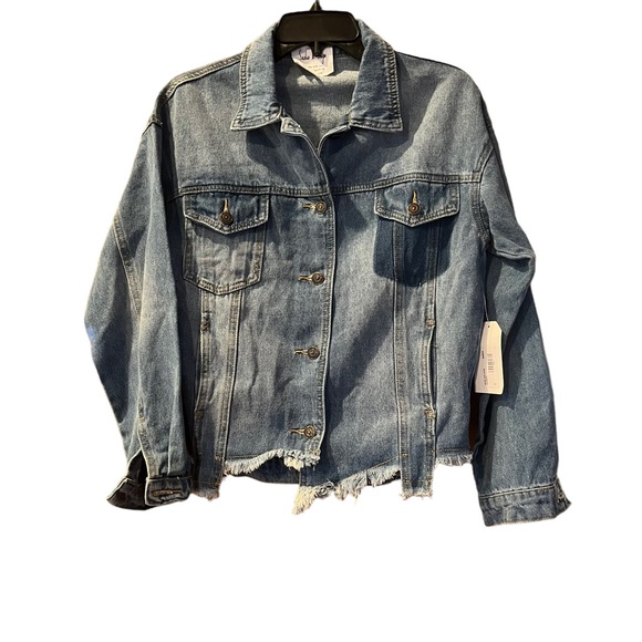 Sadie and Sage Denim Distressed Jacket, Peace Sign Print, Jean Peace Jacket - Picture 2 of 6